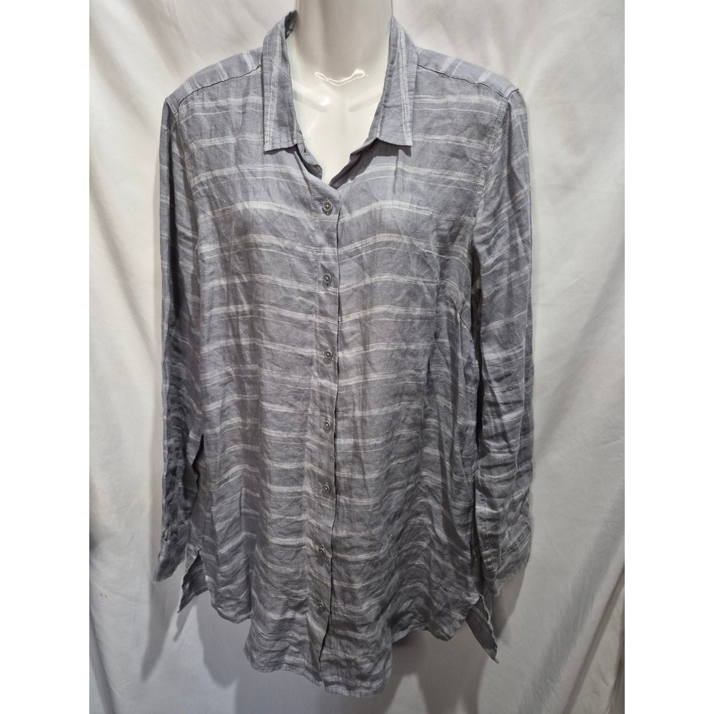Garnet Hill Womens Grey White Striped 100% Linen Long Sleeve Button Down Tunic M